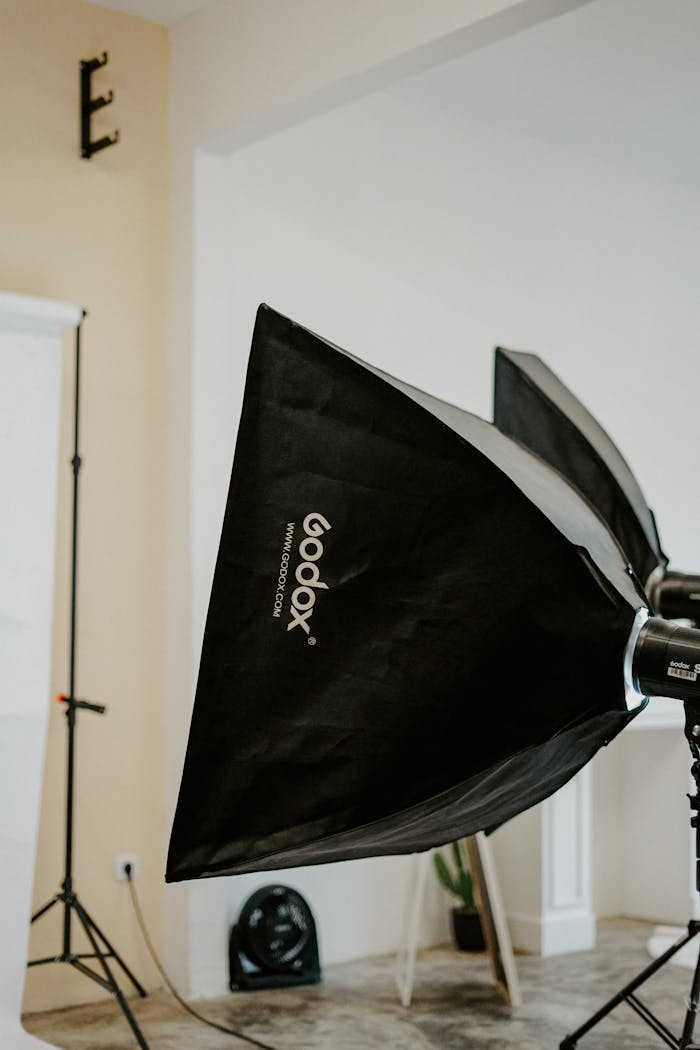 High-quality lighting setup in a professional photography studio with Godox softboxes.